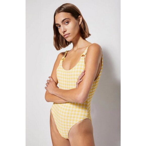 JONATHAN SIMKHAI Rosabel Seersucker One Piece Swimsuit Daffodil Plaid Large NWT - Picture 7 of 16
